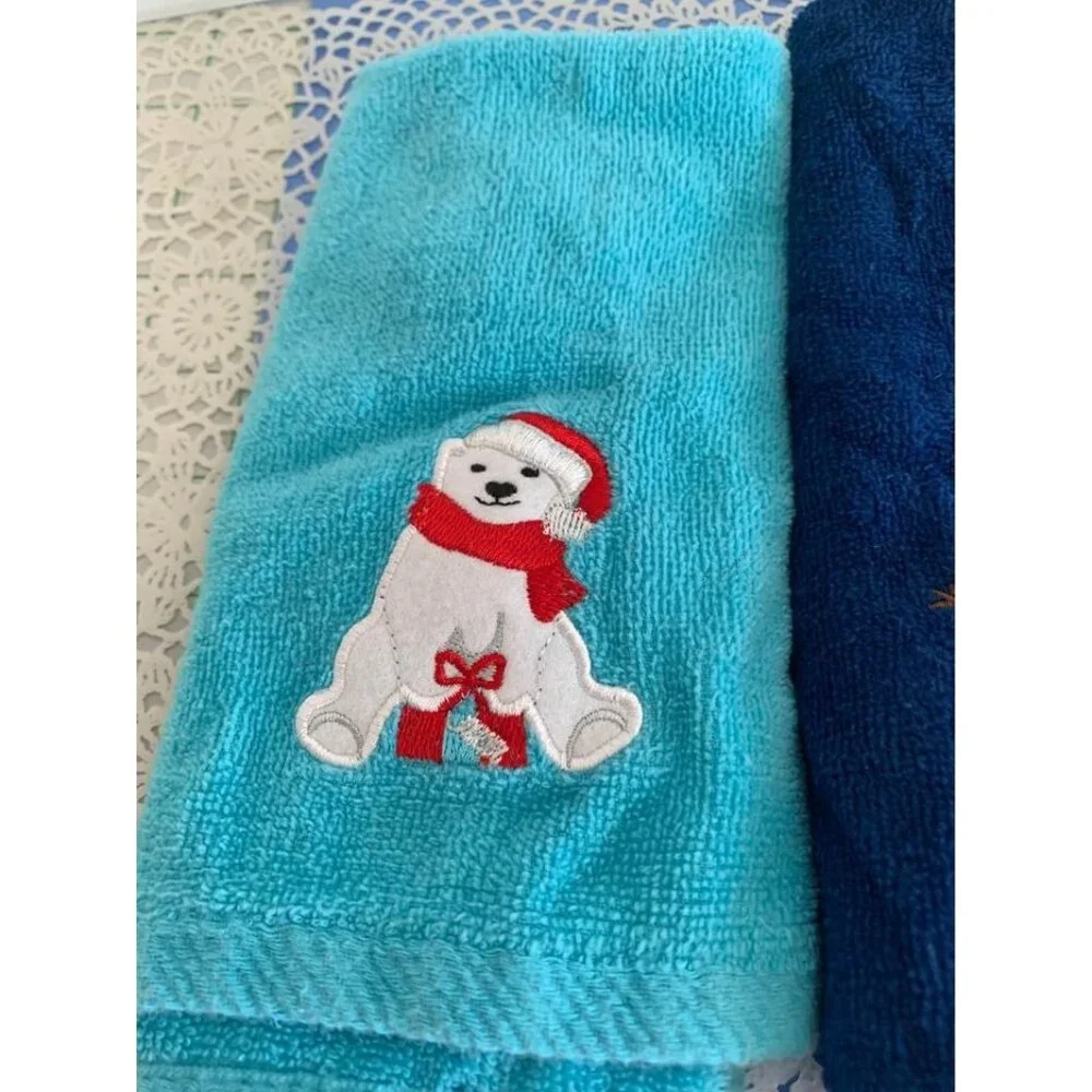 Christmas Embroidered Finger Towels Set Snowman & Polar Bear 11x15